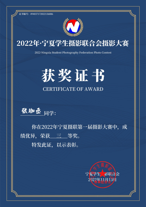 宁夏学生摄影联合会第一届摄影大赛获奖名单与证书-宁夏学生摄影联合会